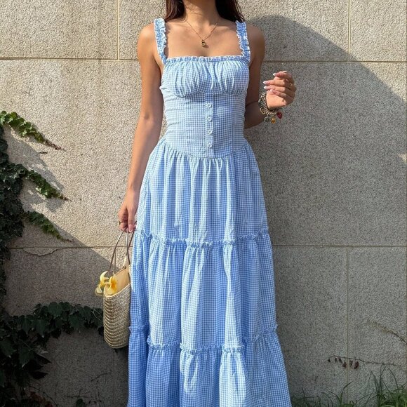 Blue And White Casual Women's Plaid Ruffle Trim Waist Strap Dress - Picture 1 of 7